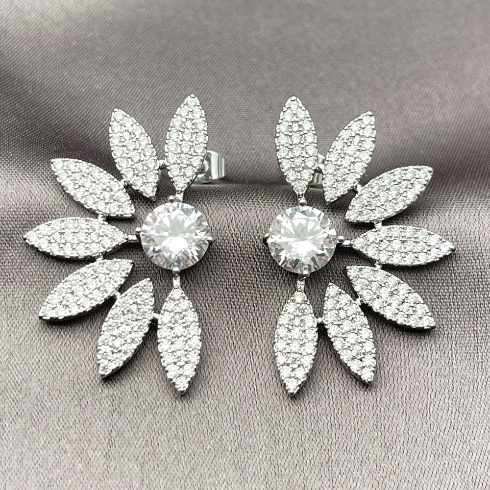 Rhodium Gold Filled Stud Earring, Flower Design, with White Cubic Zirconia and White Micro Pave, Polished, Rhodium Finish