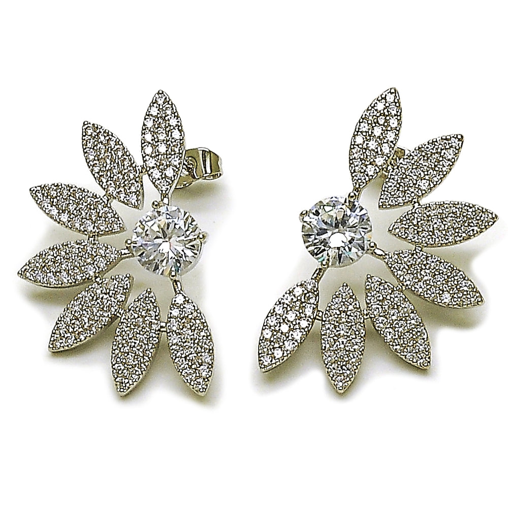 Rhodium Gold Filled Stud Earring, Flower Design, with White Cubic Zirconia and White Micro Pave, Polished, Rhodium Finish
