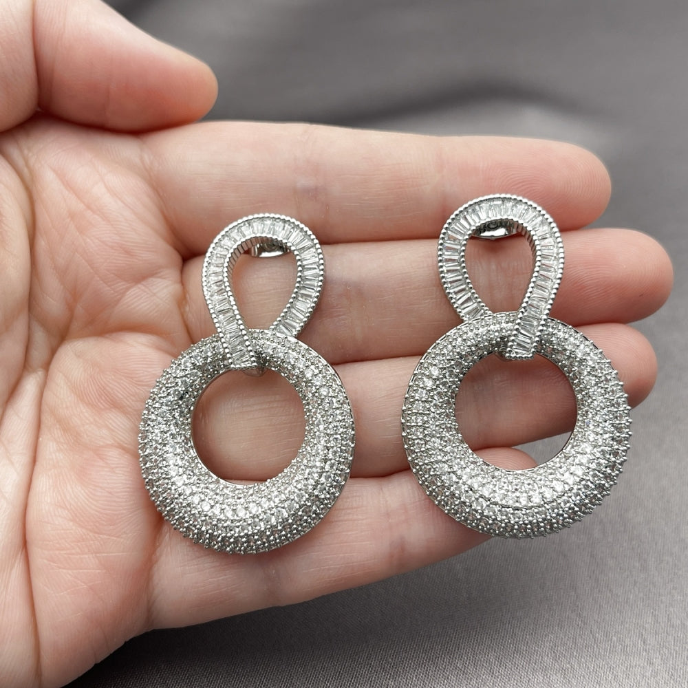 Rhodium Gold Filled Stud Earring, Baguette Design, with White Cubic Zirconia, Polished, Rhodium Finish
