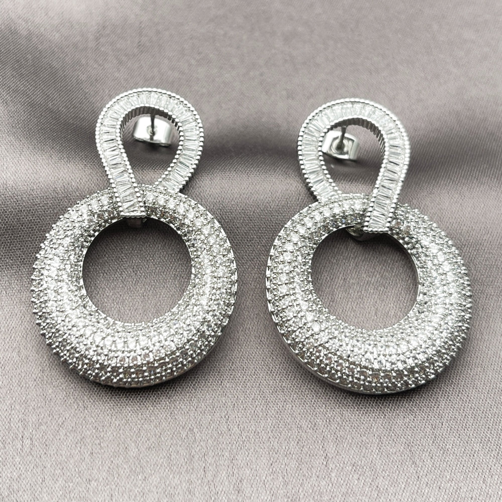 Rhodium Gold Filled Stud Earring, Baguette Design, with White Cubic Zirconia, Polished, Rhodium Finish