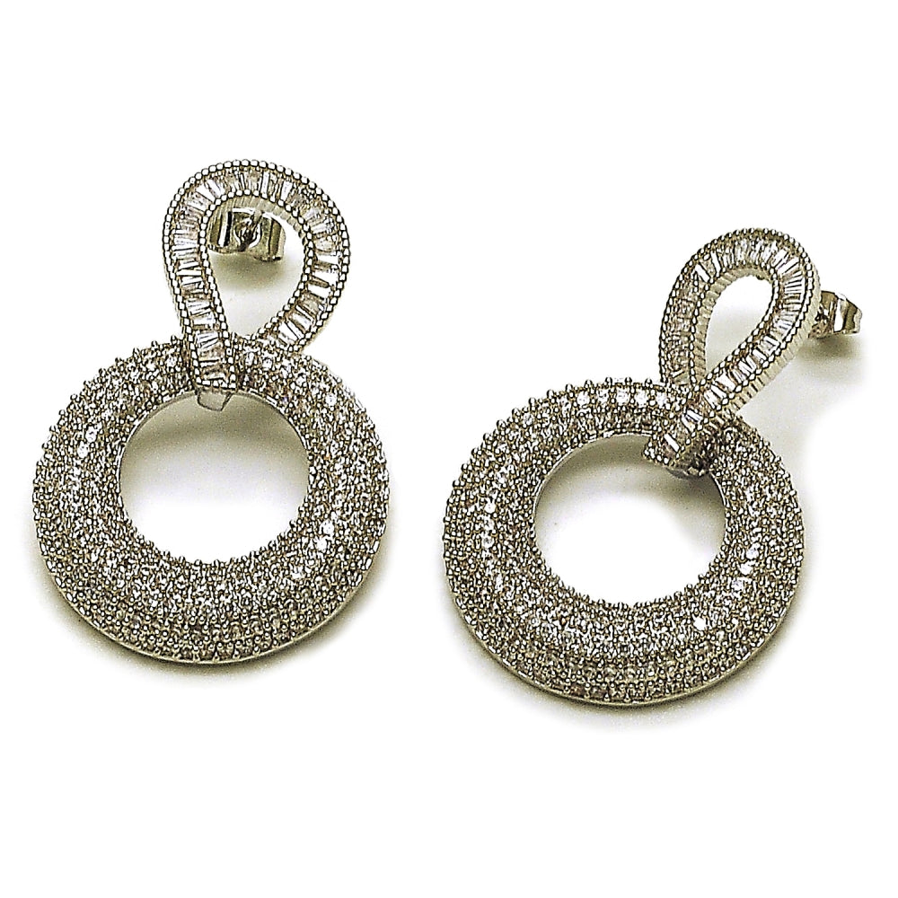 Rhodium Gold Filled Stud Earring, Baguette Design, with White Cubic Zirconia, Polished, Rhodium Finish