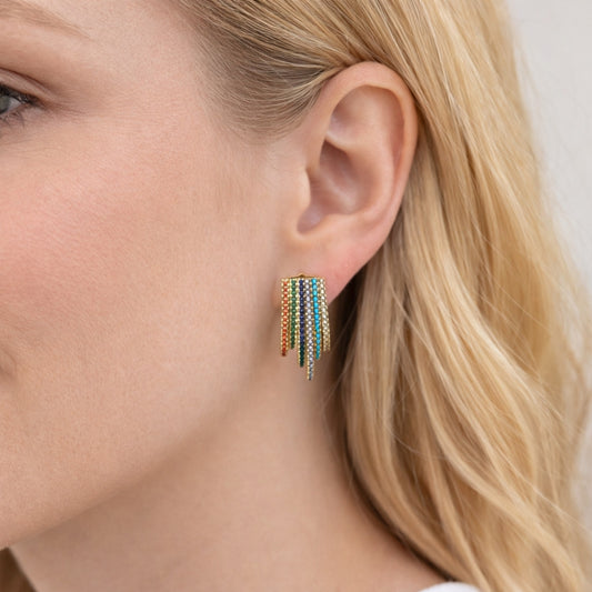 Oro Laminado Stud Earring, Gold Filled Style with Multicolor Cubic Zirconia, Polished, Golden Finish