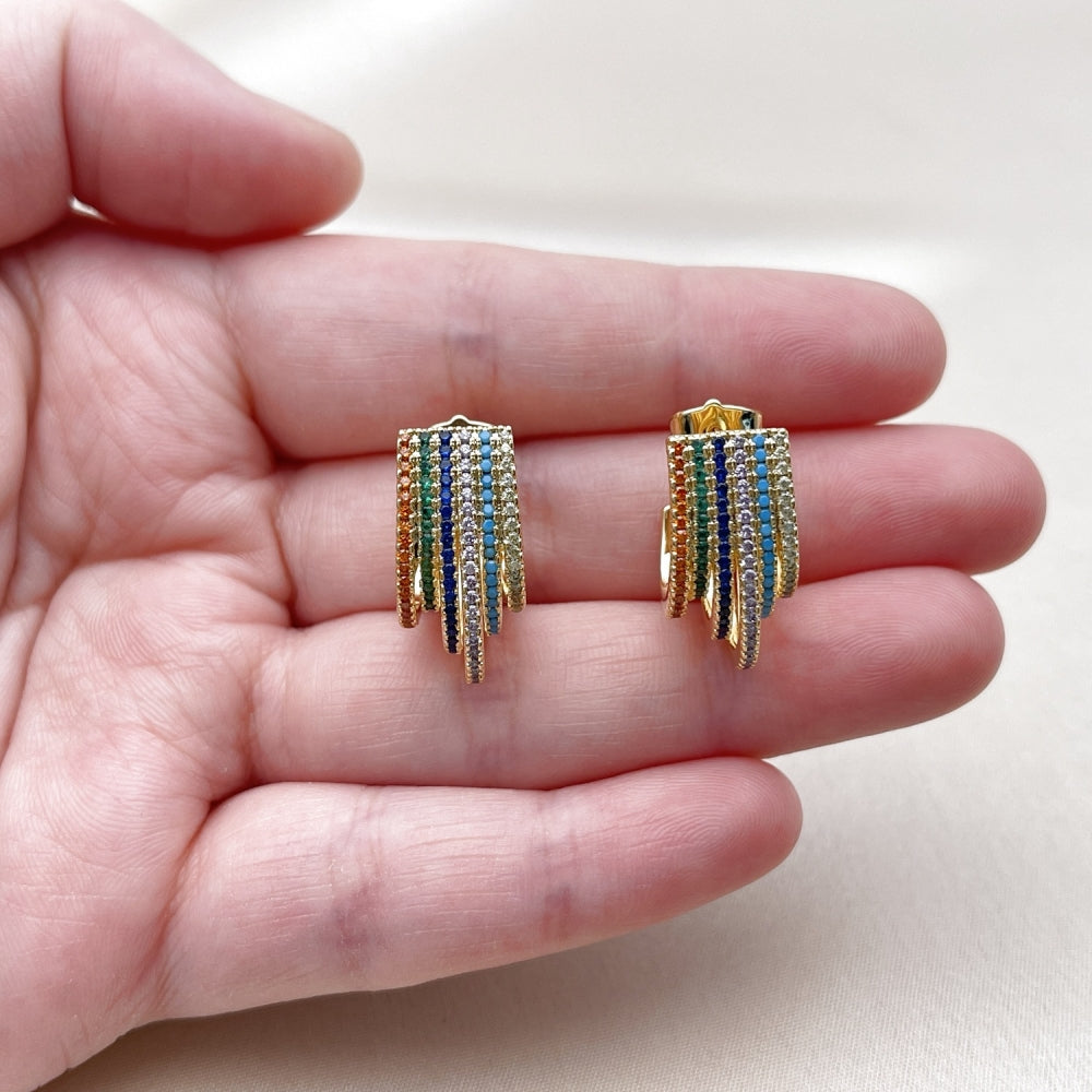 Oro Laminado Stud Earring, Gold Filled Style with Multicolor Cubic Zirconia, Polished, Golden Finish