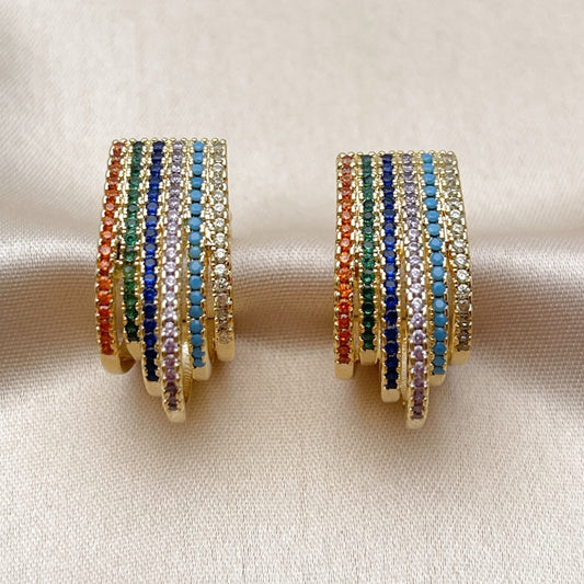 Oro Laminado Stud Earring, Gold Filled Style with Multicolor Cubic Zirconia, Polished, Golden Finish