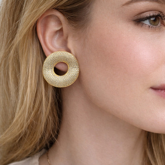 Oro Laminado Stud Earring, Gold Filled Style with White Cubic Zirconia, Polished, Golden Finish