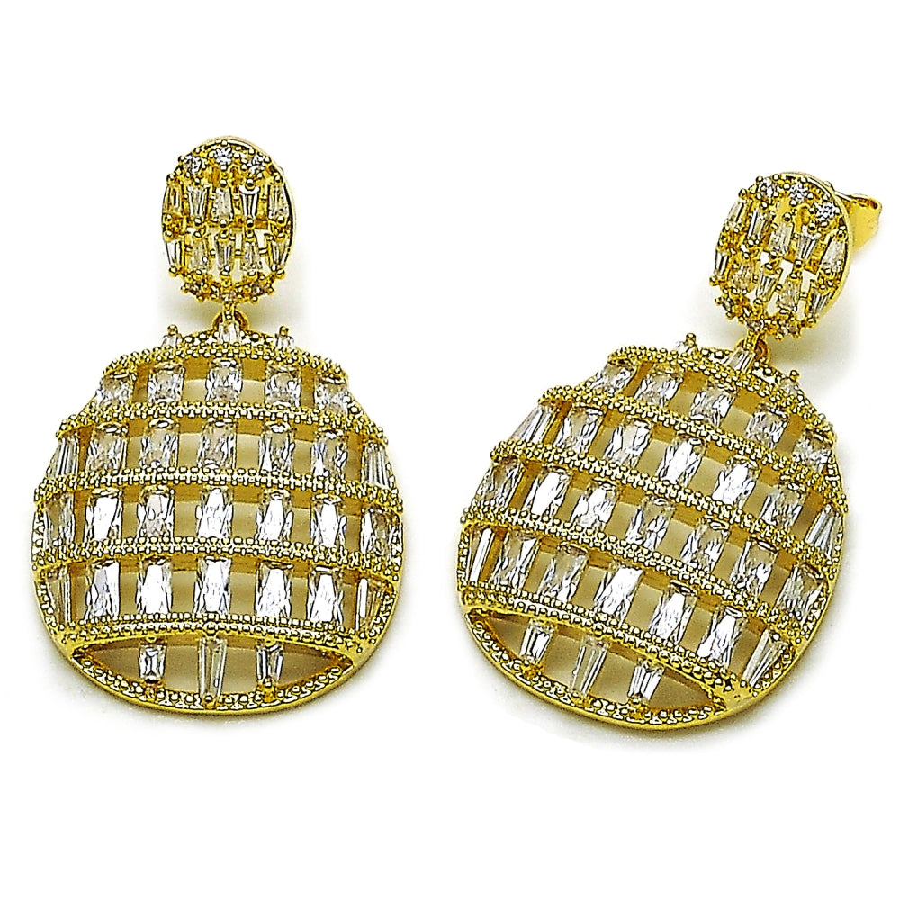 Oro Laminado Dangle Earring, Gold Filled Style Baguette Design, with White Cubic Zirconia, Polished, Golden Finish