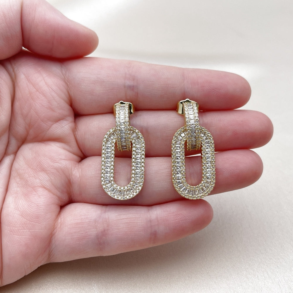 Oro Laminado Dangle Earring, Gold Filled Style Baguette and Cluster Design, with White Cubic Zirconia and White Micro Pave, Polished, Golden Finish