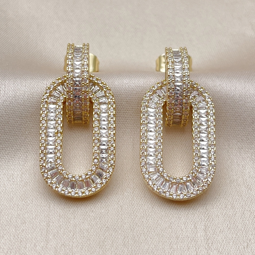 Oro Laminado Dangle Earring, Gold Filled Style Baguette and Cluster Design, with White Cubic Zirconia and White Micro Pave, Polished, Golden Finish