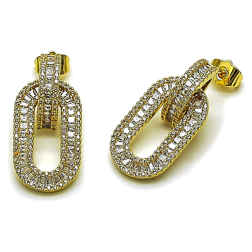 Oro Laminado Dangle Earring, Gold Filled Style Baguette and Cluster Design, with White Cubic Zirconia and White Micro Pave, Polished, Golden Finish