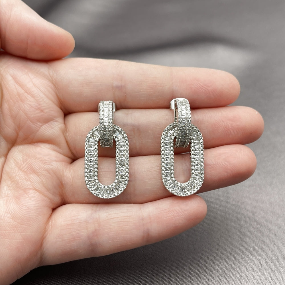Rhodium Gold Filled Dangle Earring, Cluster and Baguette Design, with White Cubic Zirconia and White Micro Pave, Polished, Rhodium Finish