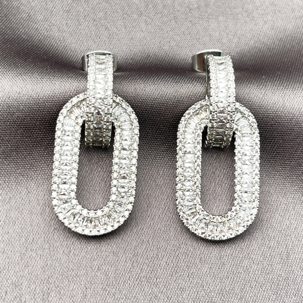 Rhodium Gold Filled Dangle Earring, Cluster and Baguette Design, with White Cubic Zirconia and White Micro Pave, Polished, Rhodium Finish