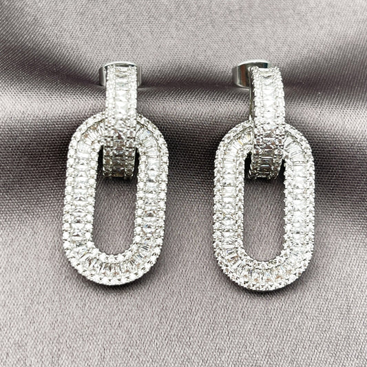 Rhodium Gold Filled Dangle Earring, Cluster and Baguette Design, with White Cubic Zirconia and White Micro Pave, Polished, Rhodium Finish
