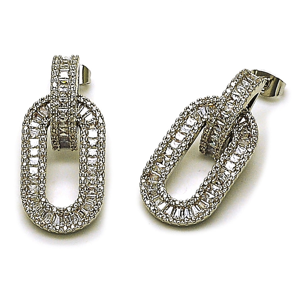 Rhodium Gold Filled Dangle Earring, Cluster and Baguette Design, with White Cubic Zirconia and White Micro Pave, Polished, Rhodium Finish