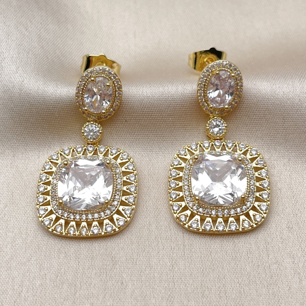 Oro Laminado Dangle Earring, Gold Filled Style Cluster Design, with White Cubic Zirconia and White Micro Pave, Polished, Golden Finish