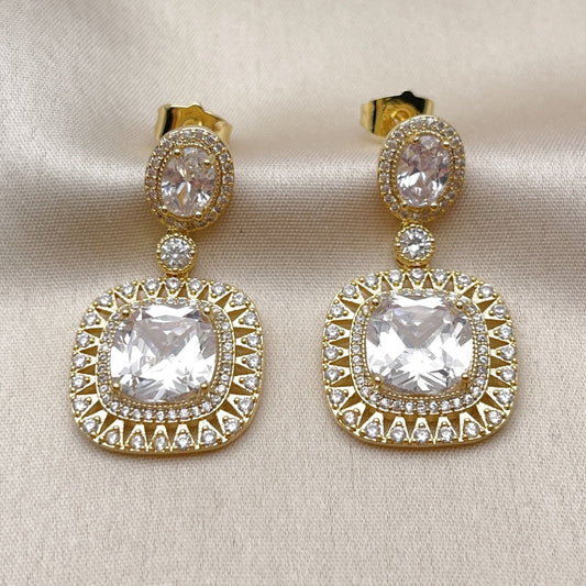 Oro Laminado Dangle Earring, Gold Filled Style Cluster Design, with White Cubic Zirconia and White Micro Pave, Polished, Golden Finish