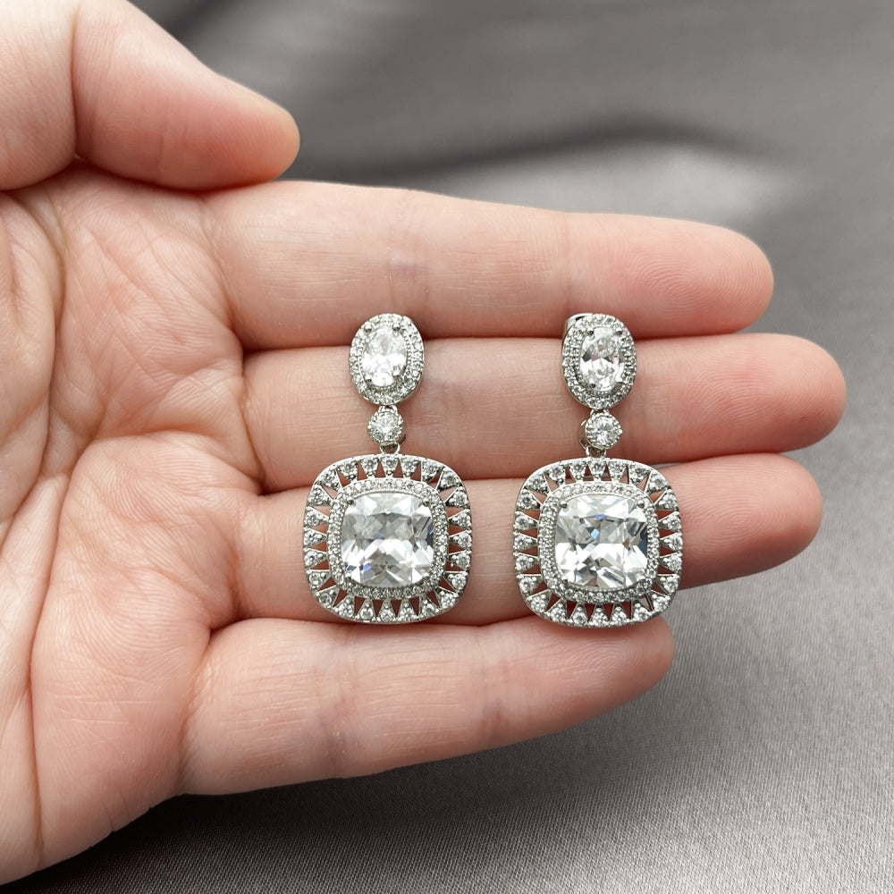 Rhodium Gold Filled Dangle Earring, Cluster Design, with White Cubic Zirconia and White Micro Pave, Polished, Rhodium Finish
