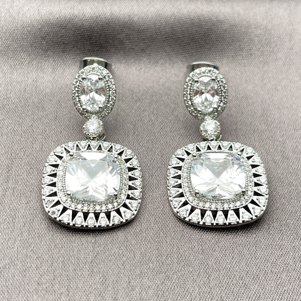 Rhodium Gold Filled Dangle Earring, Cluster Design, with White Cubic Zirconia and White Micro Pave, Polished, Rhodium Finish