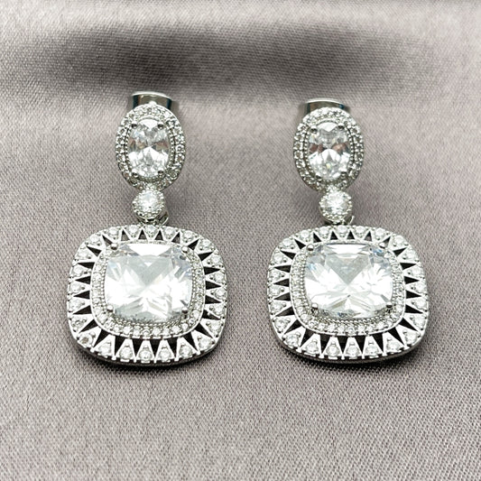 Rhodium Gold Filled Dangle Earring, Cluster Design, with White Cubic Zirconia and White Micro Pave, Polished, Rhodium Finish