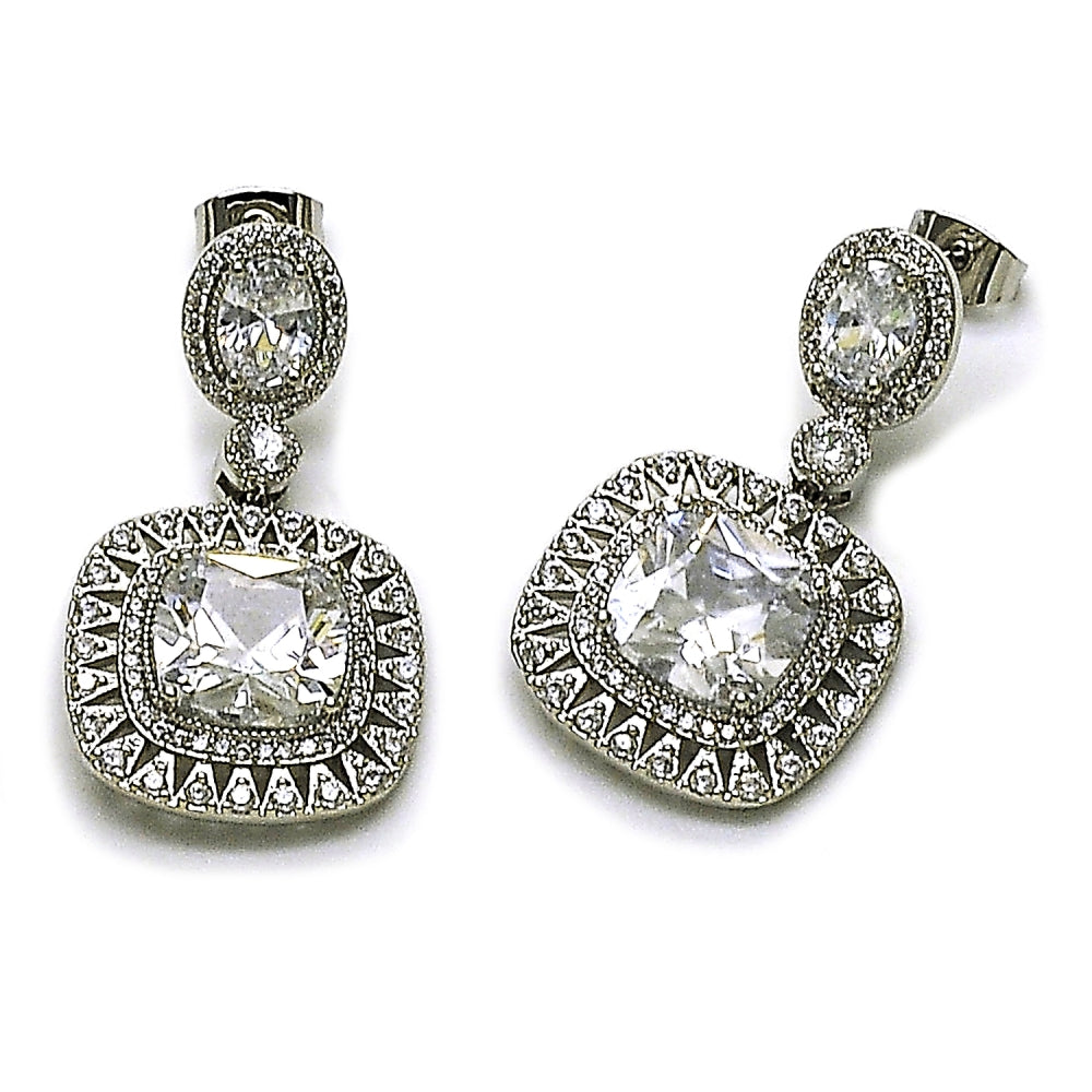 Rhodium Gold Filled Dangle Earring, Cluster Design, with White Cubic Zirconia and White Micro Pave, Polished, Rhodium Finish