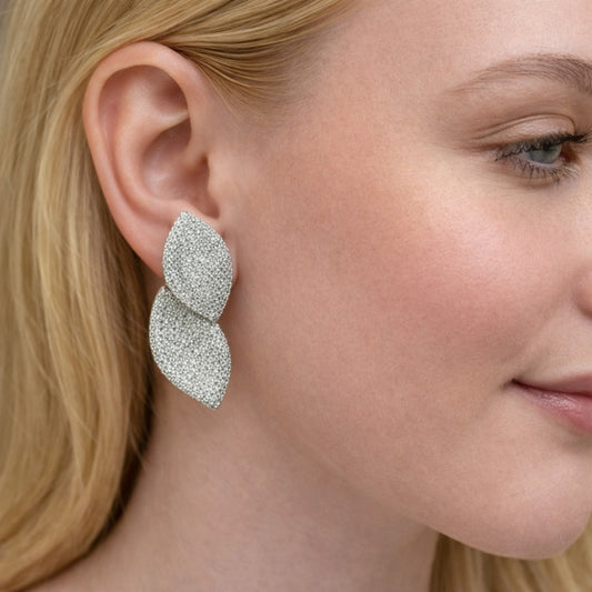 Rhodium Gold Filled Stud Earring, Leaf Design, with White Cubic Zirconia, Polished, Rhodium Finish