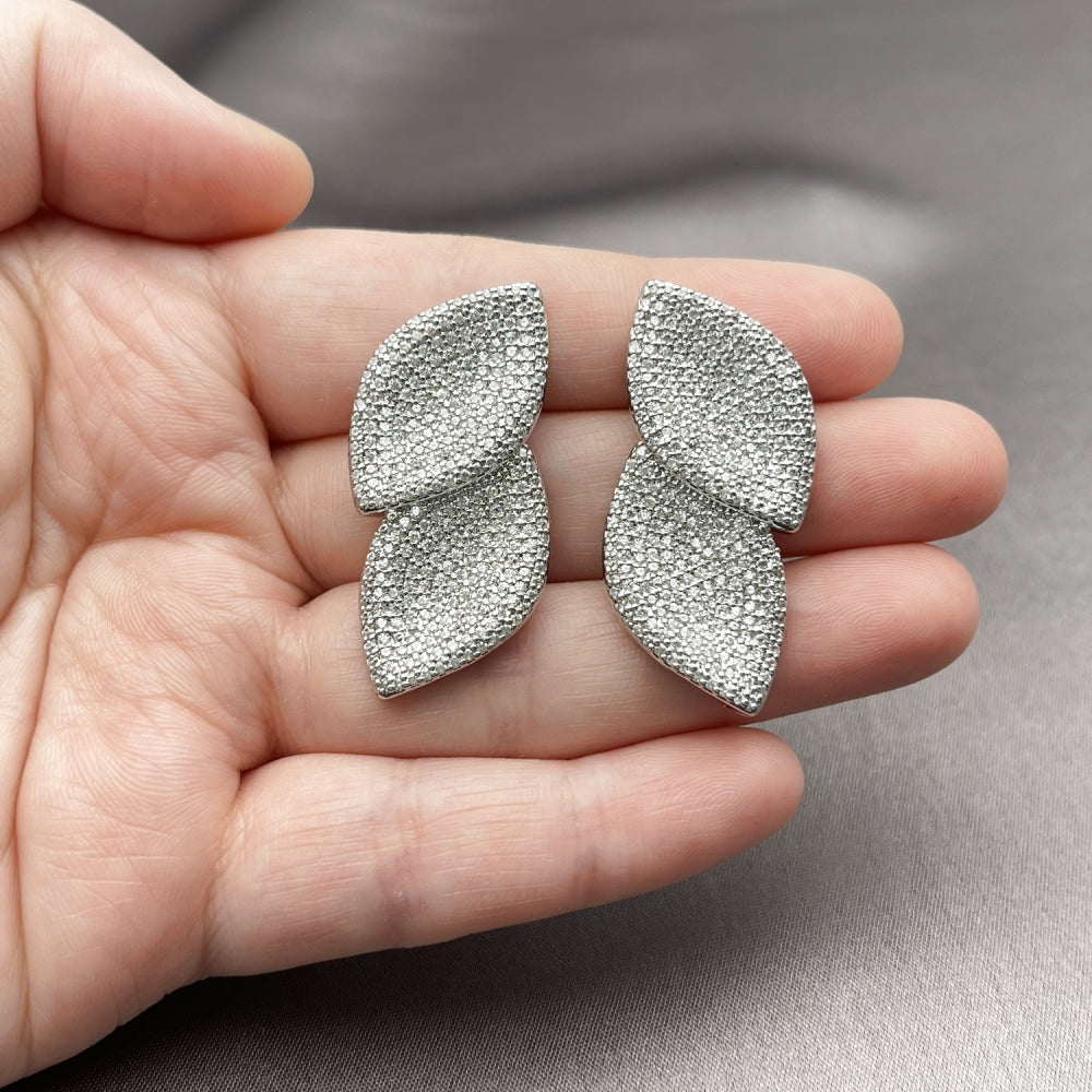 Rhodium Gold Filled Stud Earring, Leaf Design, with White Cubic Zirconia, Polished, Rhodium Finish