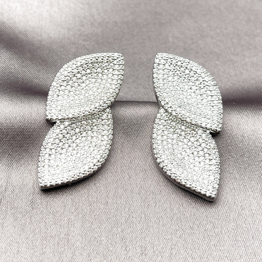 Rhodium Gold Filled Stud Earring, Leaf Design, with White Cubic Zirconia, Polished, Rhodium Finish