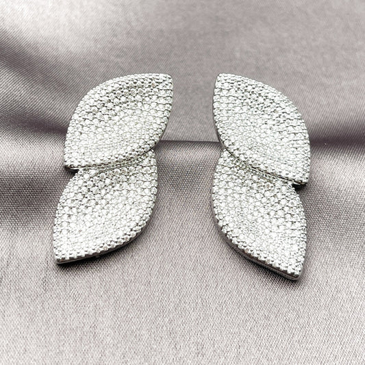 Rhodium Gold Filled Stud Earring, Leaf Design, with White Cubic Zirconia, Polished, Rhodium Finish
