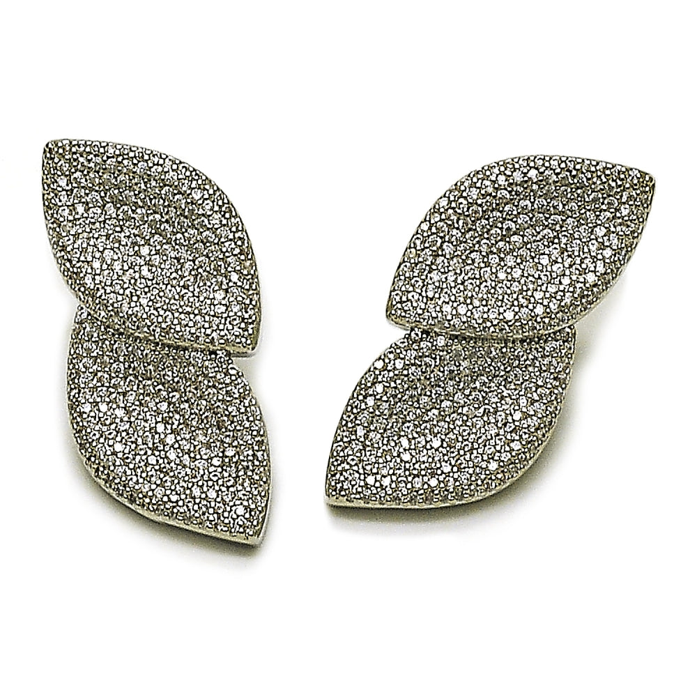 Rhodium Gold Filled Stud Earring, Leaf Design, with White Cubic Zirconia, Polished, Rhodium Finish