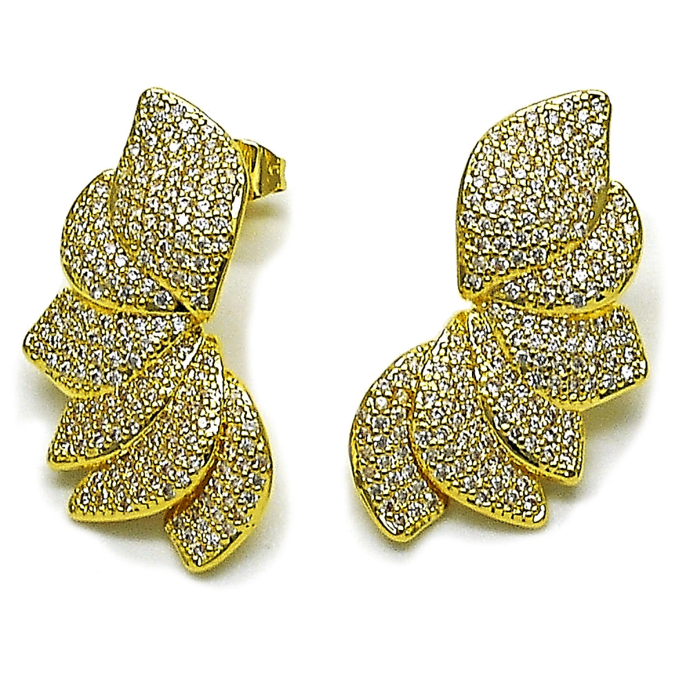 Oro Laminado Stud Earring, Gold Filled Style Flower Design, with White Cubic Zirconia, Polished, Golden Finish