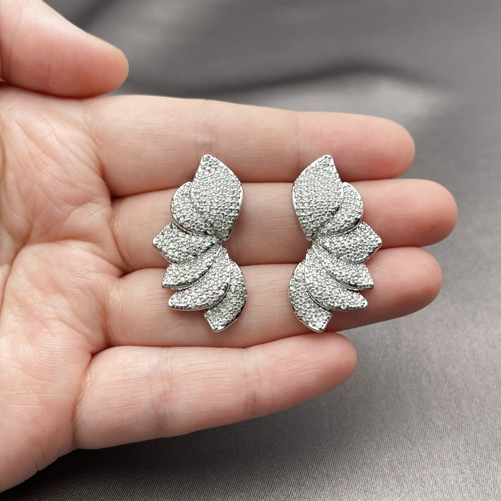 Rhodium Gold Filled Stud Earring, Flower Design, with White Cubic Zirconia, Polished, Rhodium Finish