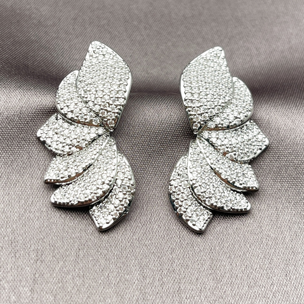 Rhodium Gold Filled Stud Earring, Flower Design, with White Cubic Zirconia, Polished, Rhodium Finish