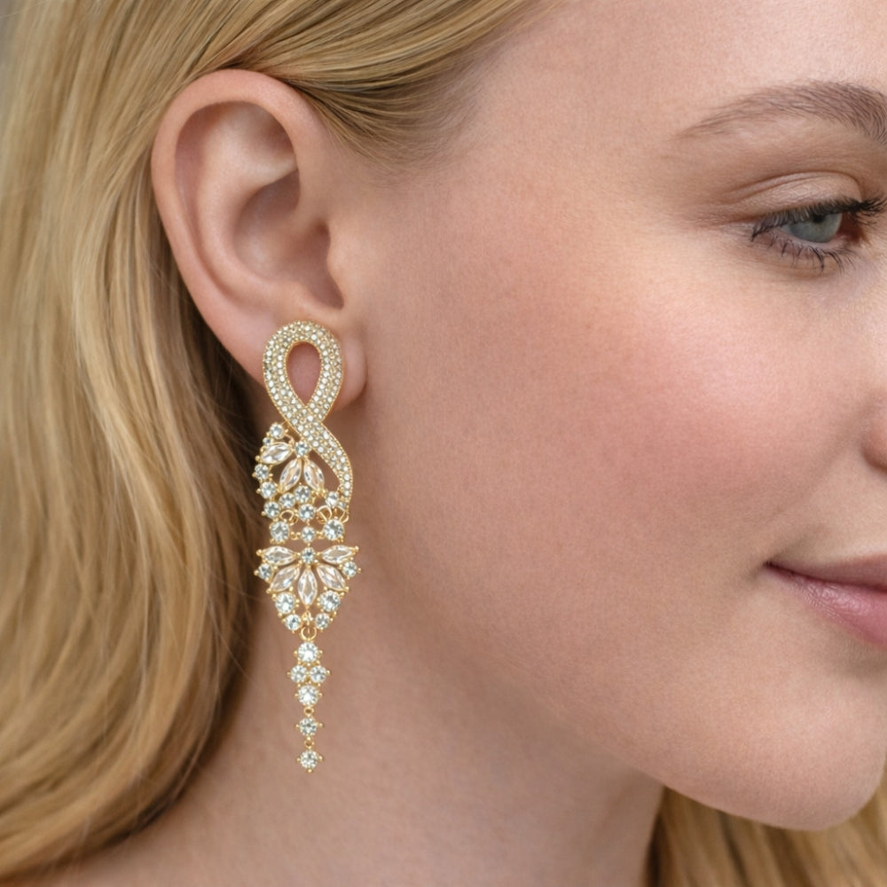 Oro Laminado Long Earring, Gold Filled Style Infinite Design, with White Cubic Zirconia, Polished, Golden Finish
