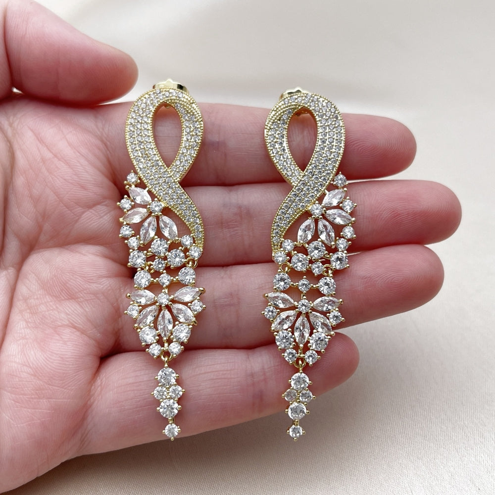 Oro Laminado Long Earring, Gold Filled Style Infinite Design, with White Cubic Zirconia, Polished, Golden Finish