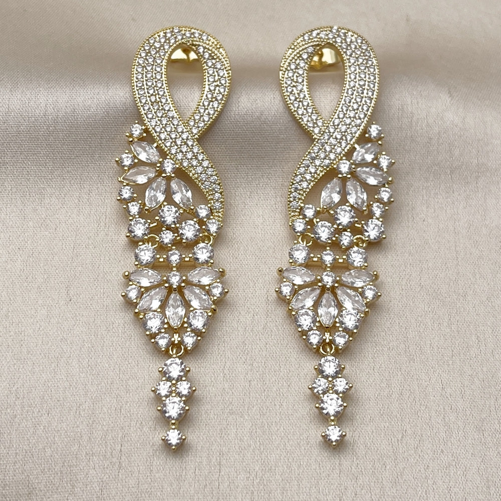 Oro Laminado Long Earring, Gold Filled Style Infinite Design, with White Cubic Zirconia, Polished, Golden Finish