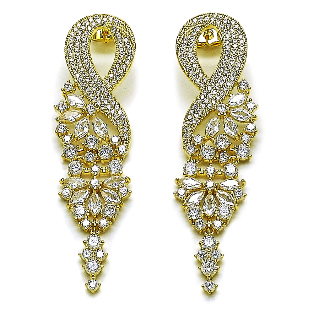 Oro Laminado Long Earring, Gold Filled Style Infinite Design, with White Cubic Zirconia, Polished, Golden Finish