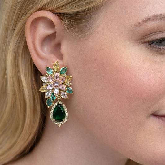 Oro Laminado Stud Earring, Gold Filled Style Flower and Teardrop Design, with Multicolor and Green Cubic Zirconia, Polished, Golden Finish