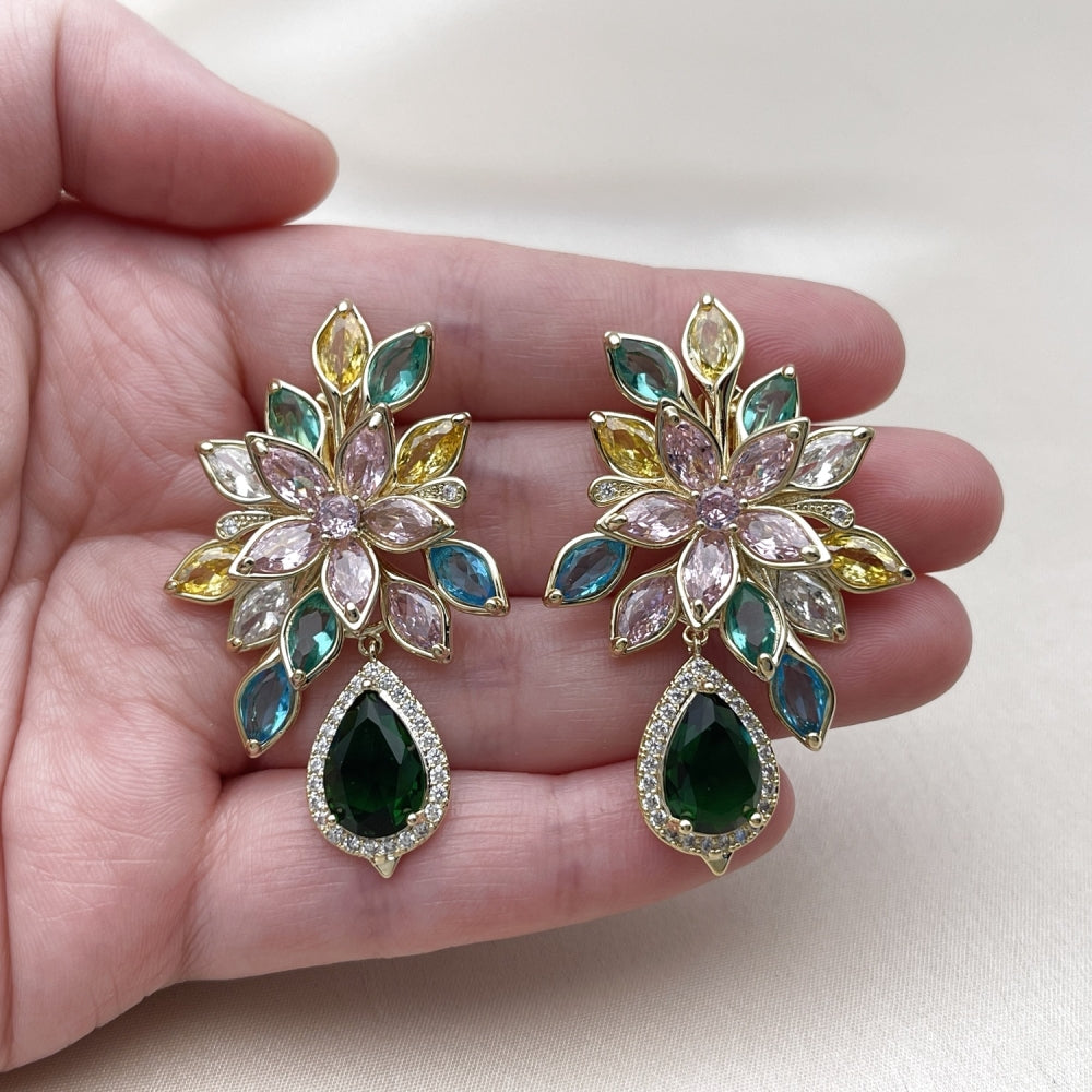 Oro Laminado Stud Earring, Gold Filled Style Flower and Teardrop Design, with Multicolor and Green Cubic Zirconia, Polished, Golden Finish