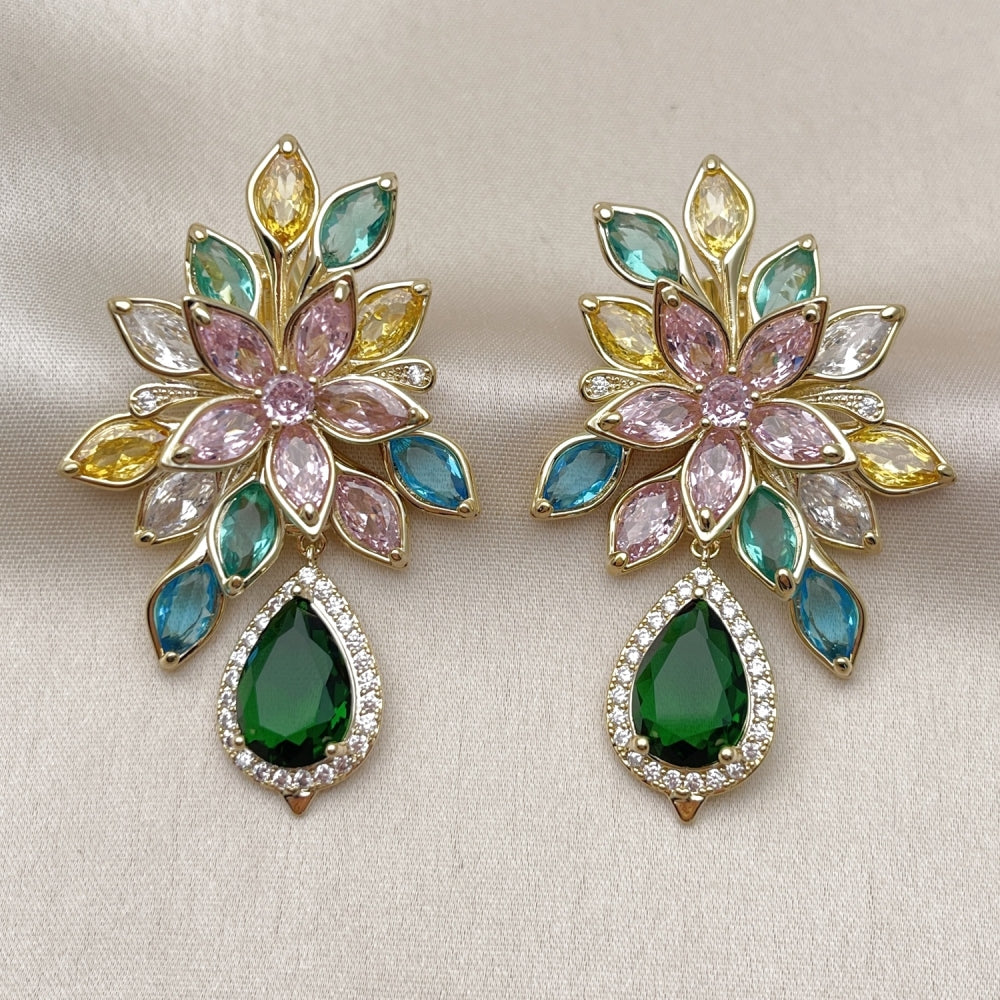 Oro Laminado Stud Earring, Gold Filled Style Flower and Teardrop Design, with Multicolor and Green Cubic Zirconia, Polished, Golden Finish