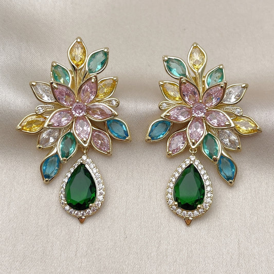 Oro Laminado Stud Earring, Gold Filled Style Flower and Teardrop Design, with Multicolor and Green Cubic Zirconia, Polished, Golden Finish