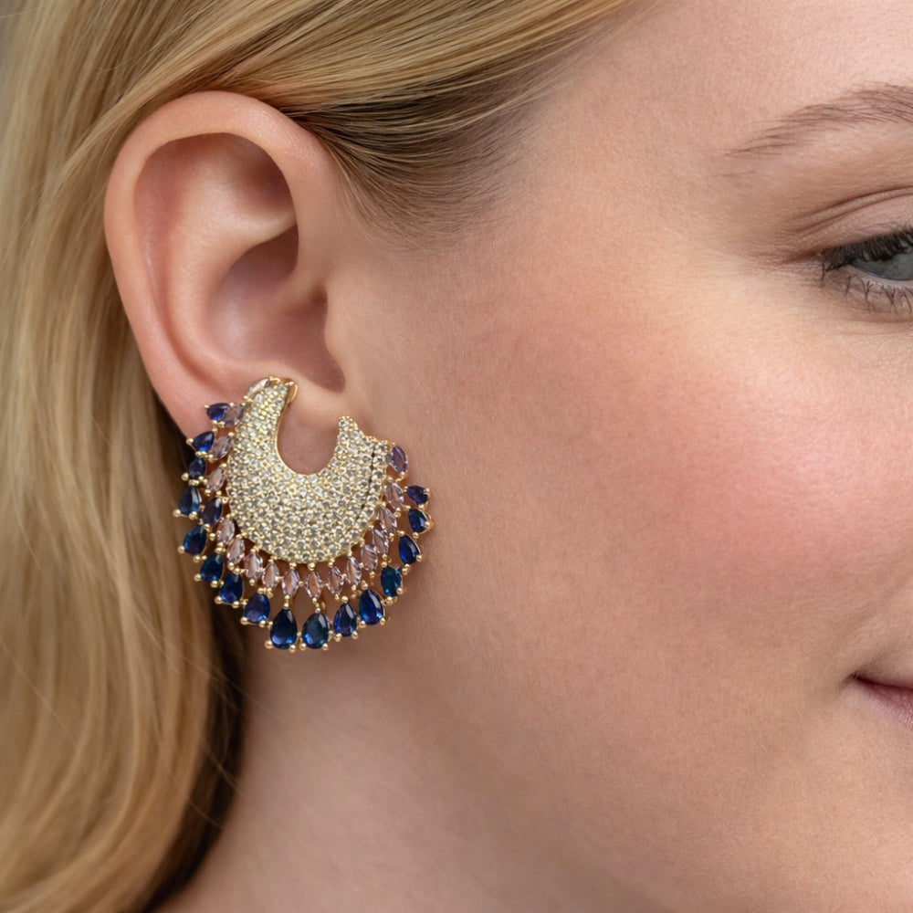 Oro Laminado Stud Earring, Gold Filled Style Teardrop Design, with Sapphire Blue and White Cubic Zirconia, Polished, Golden Finish