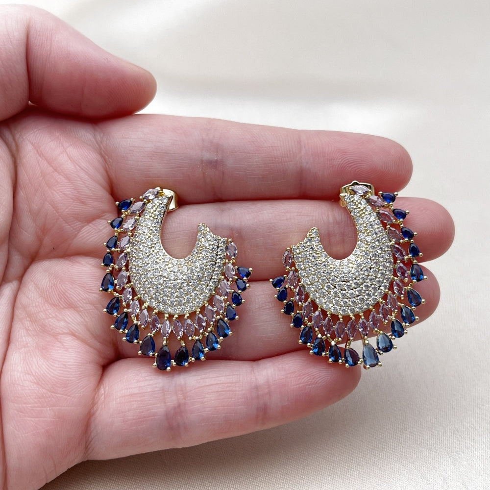 Oro Laminado Stud Earring, Gold Filled Style Teardrop Design, with Sapphire Blue and White Cubic Zirconia, Polished, Golden Finish