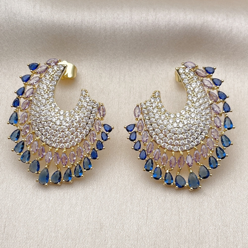 Oro Laminado Stud Earring, Gold Filled Style Teardrop Design, with Sapphire Blue and White Cubic Zirconia, Polished, Golden Finish