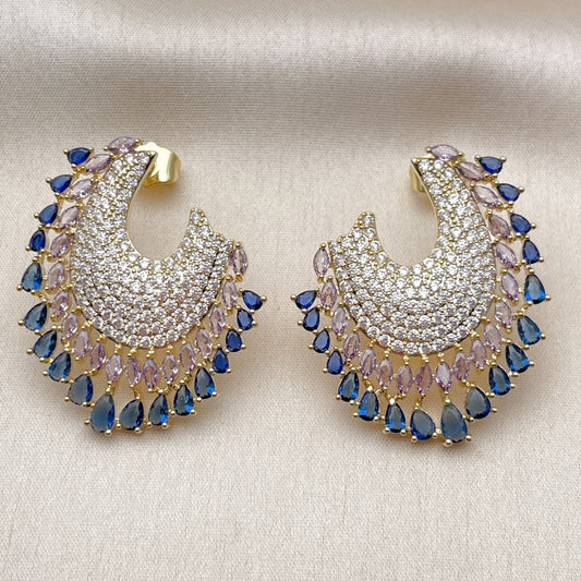 Oro Laminado Stud Earring, Gold Filled Style Teardrop Design, with Sapphire Blue and White Cubic Zirconia, Polished, Golden Finish