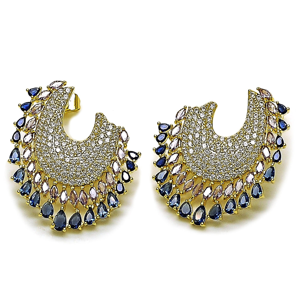 Oro Laminado Stud Earring, Gold Filled Style Teardrop Design, with Sapphire Blue and White Cubic Zirconia, Polished, Golden Finish