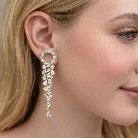 Oro Laminado Long Earring, Gold Filled Style with White Cubic Zirconia, Polished, Golden Finish