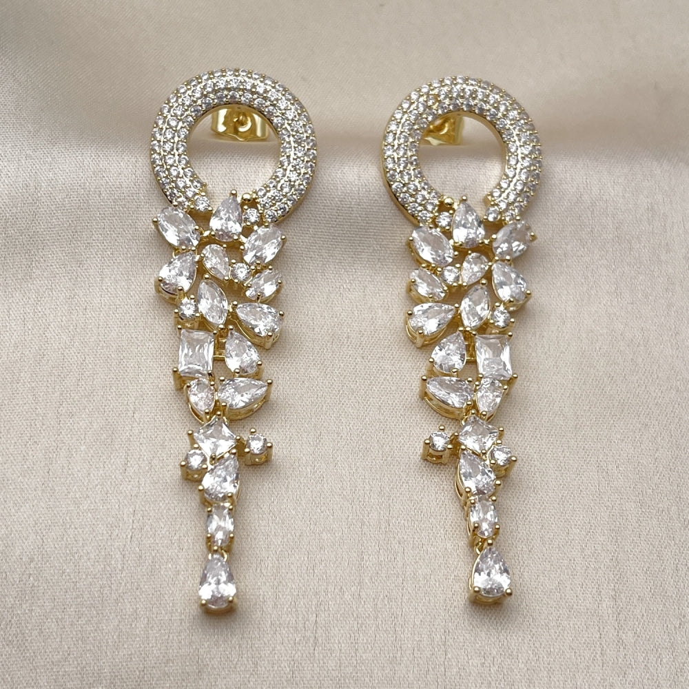 Oro Laminado Long Earring, Gold Filled Style with White Cubic Zirconia, Polished, Golden Finish