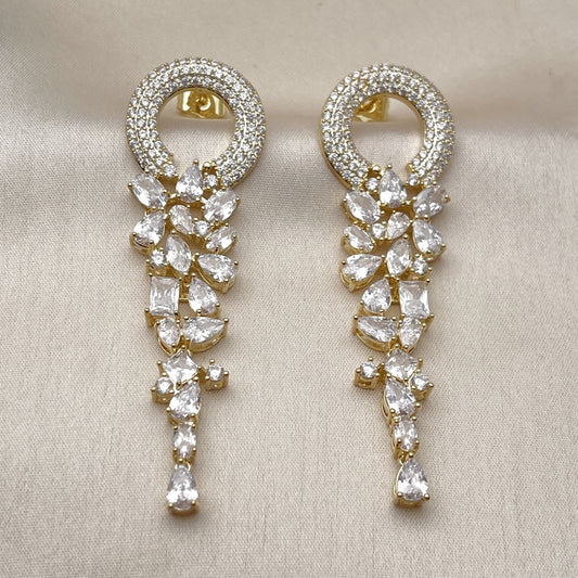 Oro Laminado Long Earring, Gold Filled Style with White Cubic Zirconia, Polished, Golden Finish