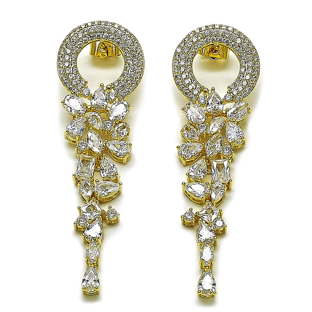 Oro Laminado Long Earring, Gold Filled Style with White Cubic Zirconia, Polished, Golden Finish