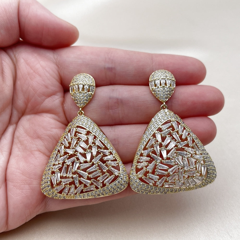 Oro Laminado Stud Earring, Gold Filled Style Teardrop and Baguette Design, with White Cubic Zirconia and White Micro Pave, Polished, Golden Finish