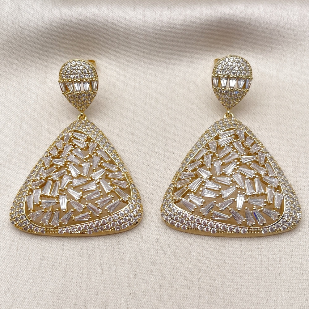 Oro Laminado Stud Earring, Gold Filled Style Teardrop and Baguette Design, with White Cubic Zirconia and White Micro Pave, Polished, Golden Finish